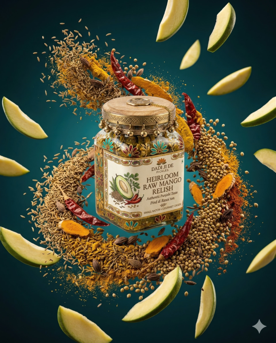 Mango pickle jar floating with spices surreal food art concept google gemini prompt