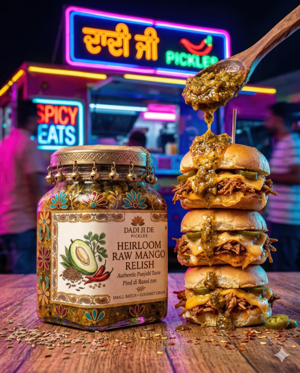 Mango pickle jar with sliders and dripping relish neon food scene google gemini prompt