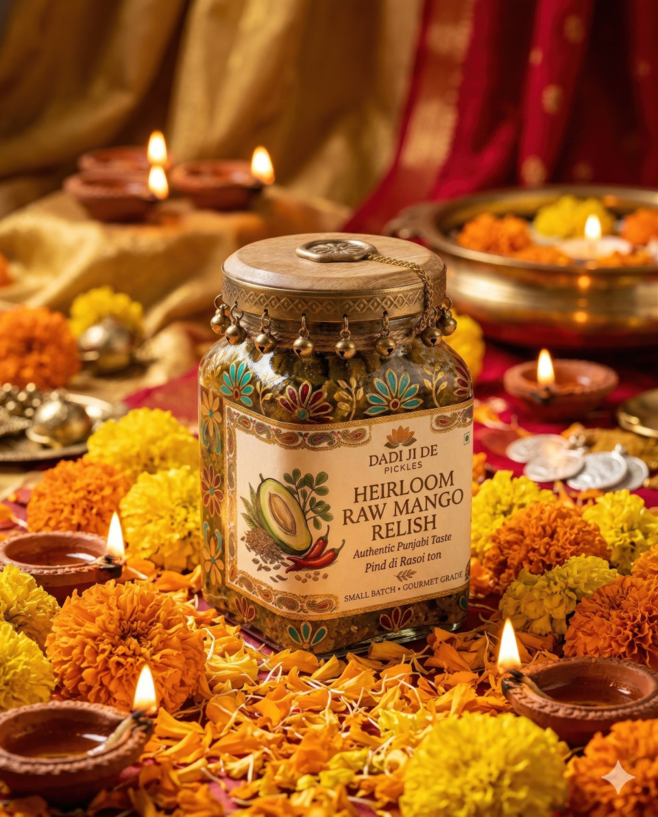 Mango pickle jar with marigold and diyas festive celebration scene google gemini prompt