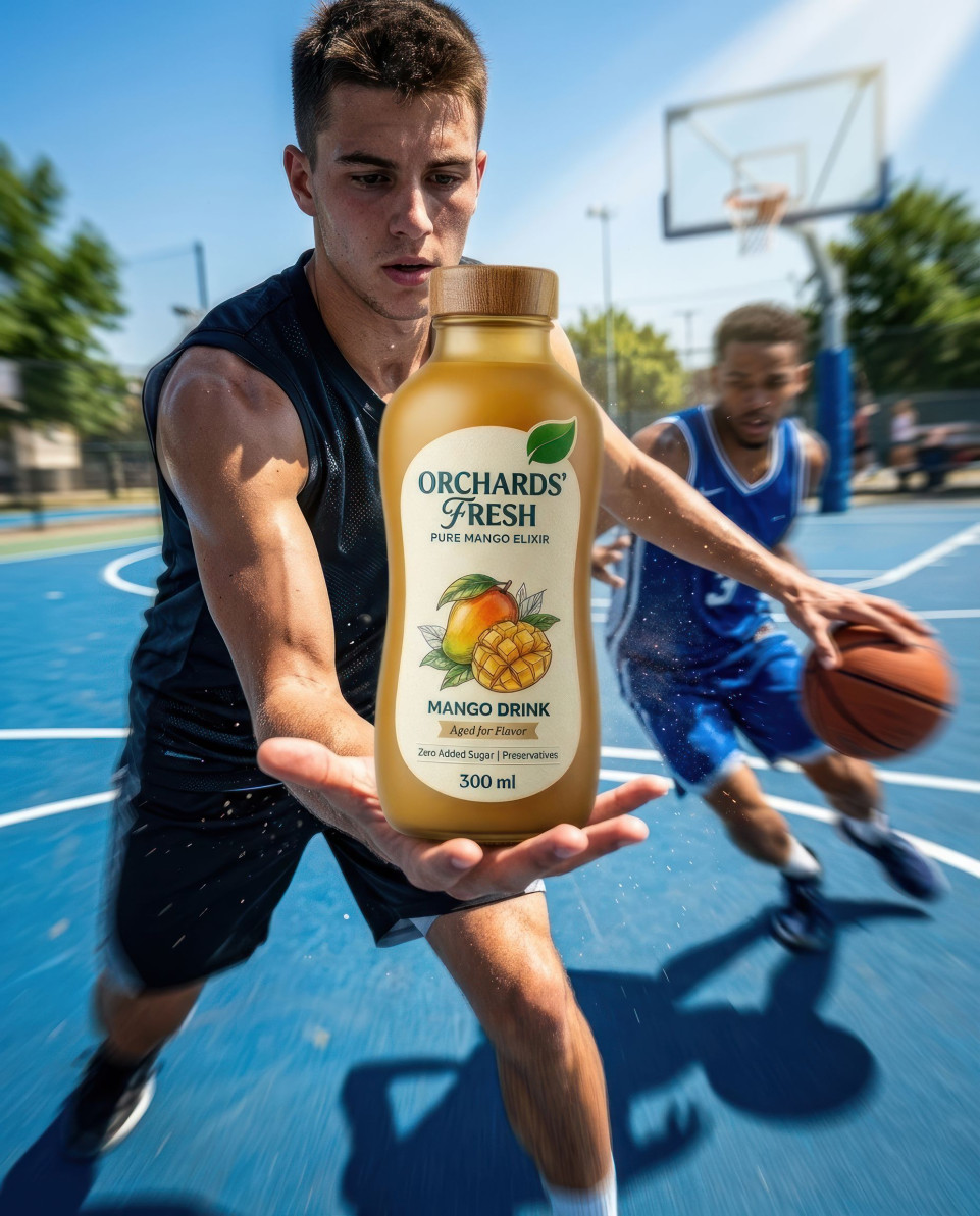 Mango drink bottle balanced by athlete on basketball court google gemini prompt