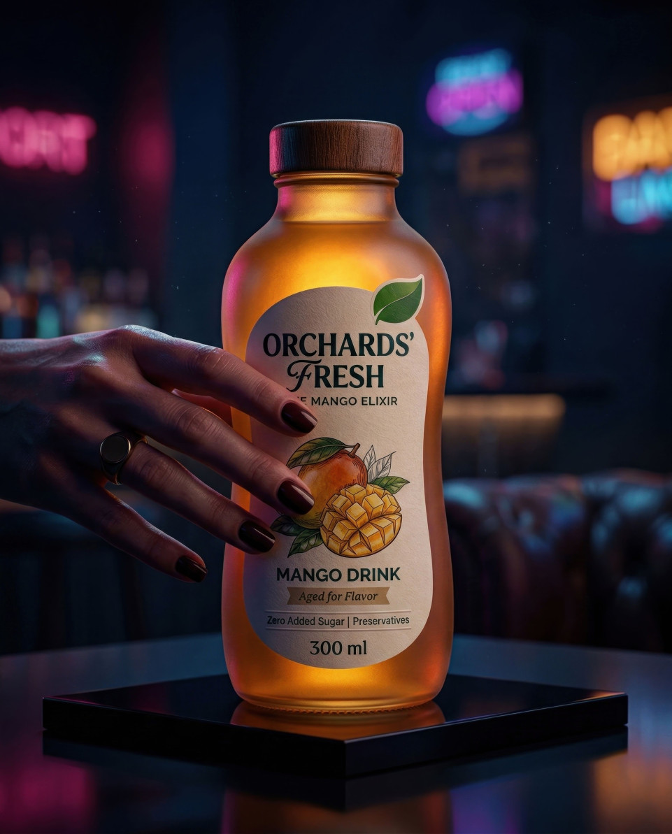 Luxury mango beverage bottle glowing in neon night lounge google gemini prompt