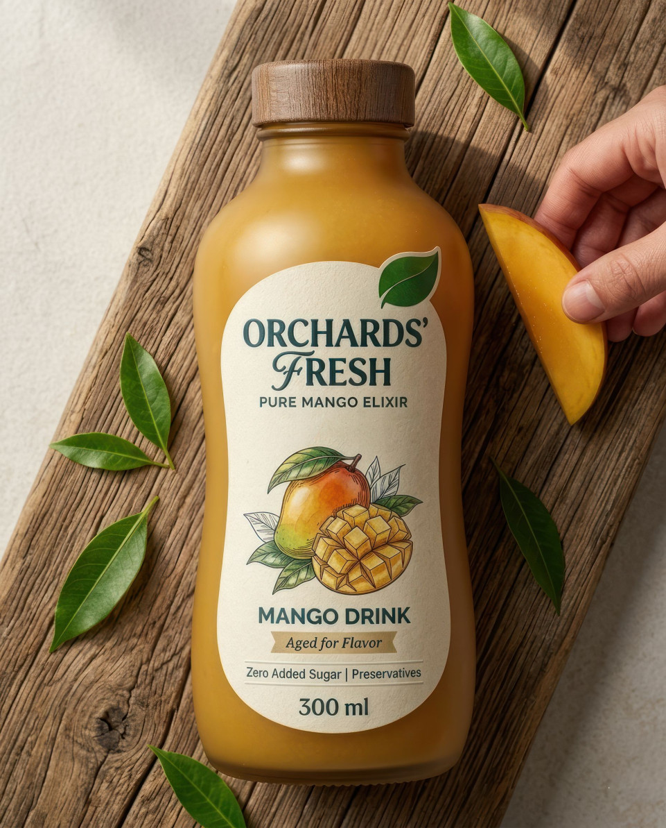 Mango beverage bottle flat lay with leaves and fresh fruit google gemini prompt