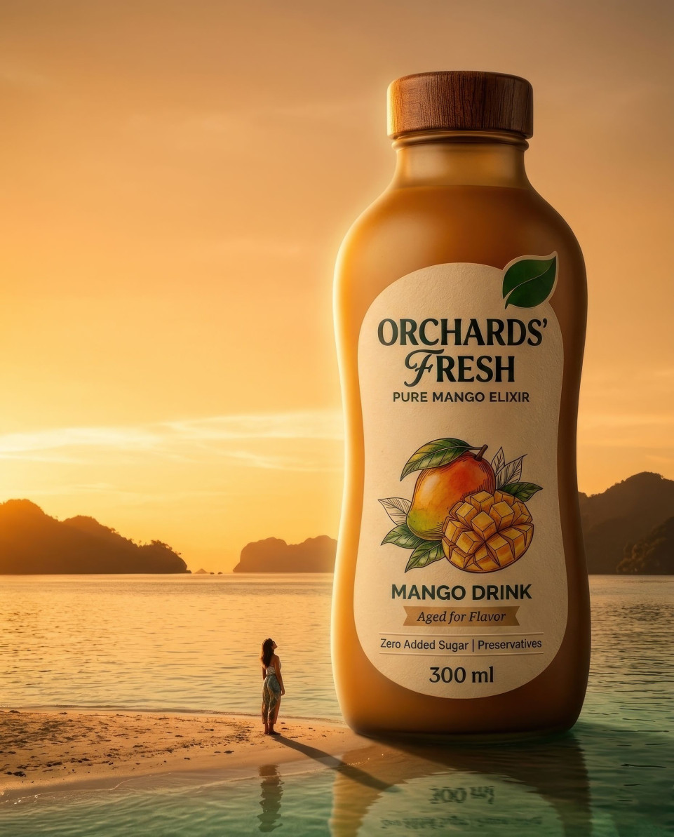 Giant mango bottle lighthouse in tropical ocean sunset fantasy google gemini prompt