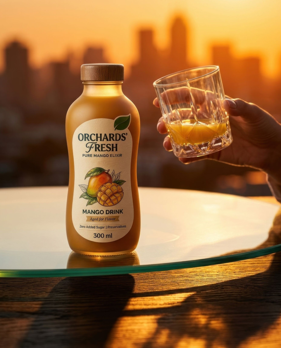 Luxury mango bottle on glass table with sunset city skyline google gemini prompt