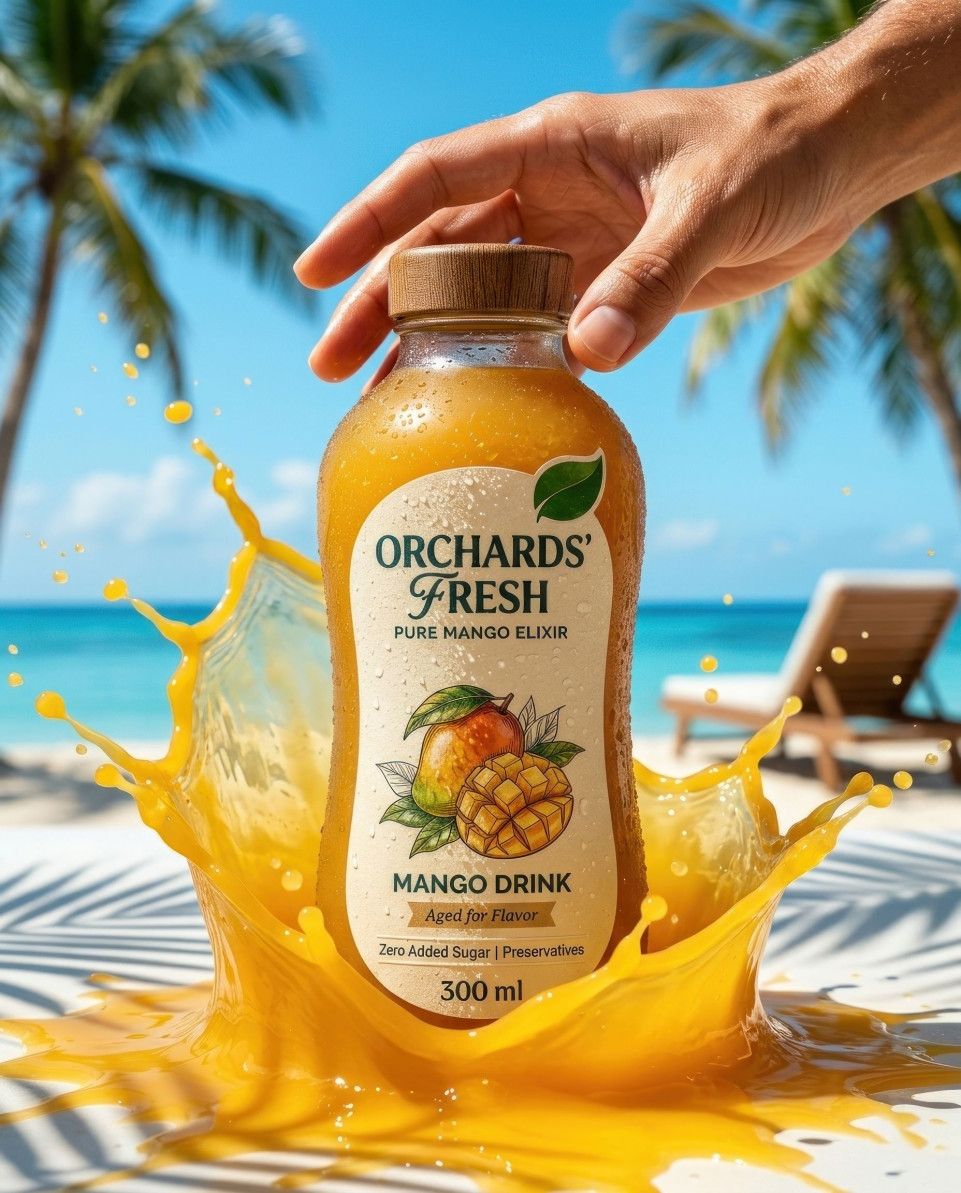 Mango drink bottle splash tropical beach summer action scene google gemini prompt