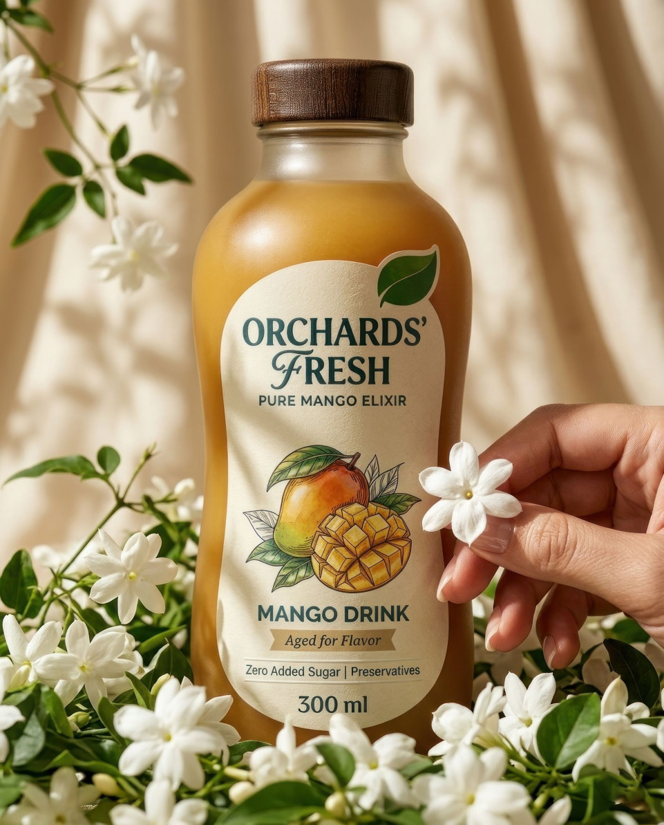 Mango bottle with jasmine flowers botanical luxury product shot google gemini prompt