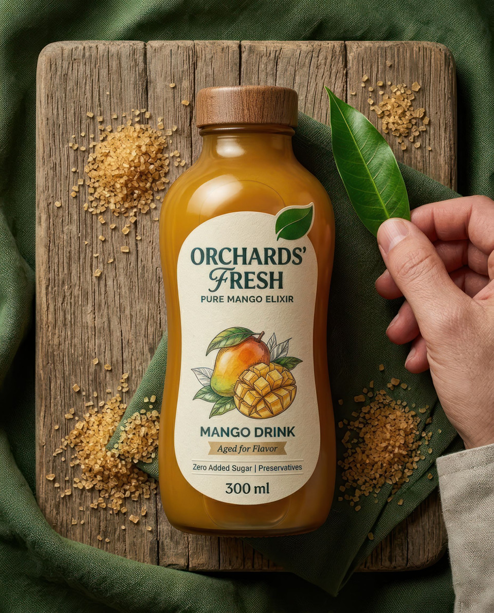 Mango bottle flat lay with cane sugar and natural ingredients google gemini prompt