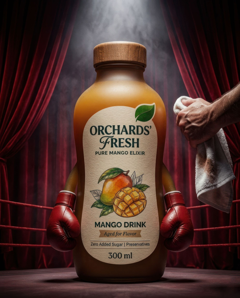 Mango drink bottle as boxing champion in dramatic ring scene google gemini prompt
