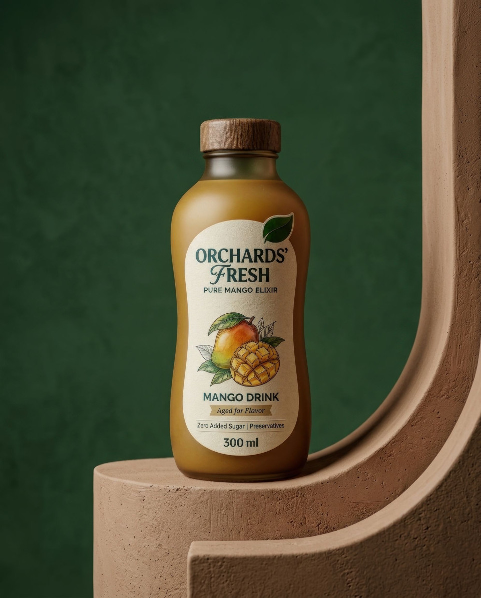 Mango bottle on clay platform minimalist modern product design google gemini prompt