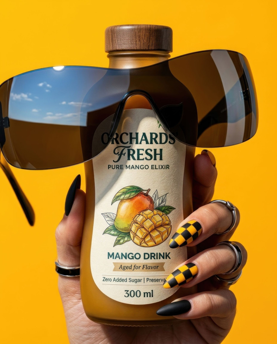 Mango beverage bottle with sunglasses high fashion editorial style google gemini prompt