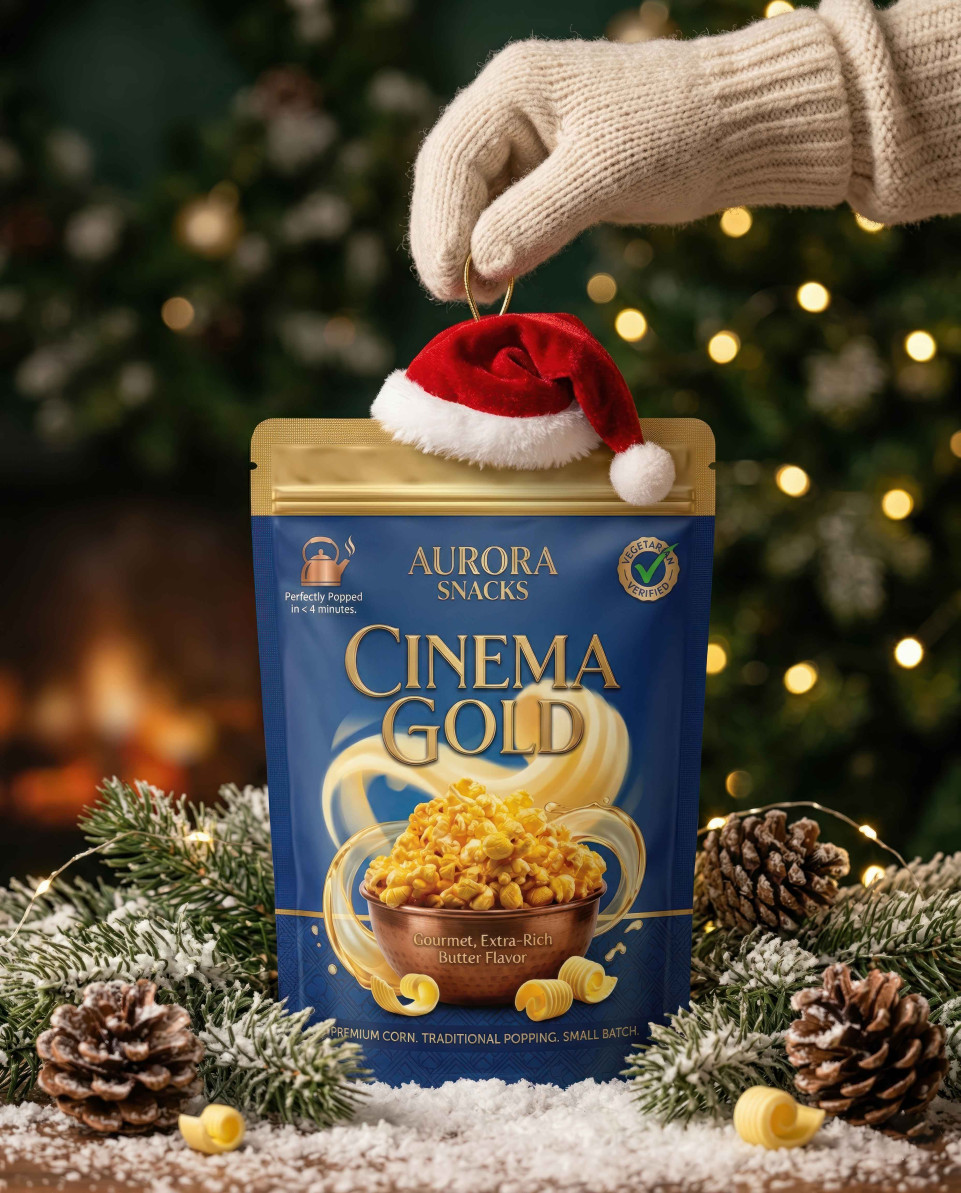 Snack packet with santa hat on pine branch holiday scene google gemini prompt