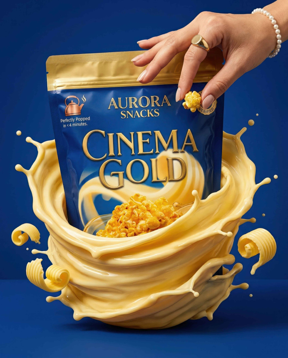Snack packet emerging from butter splash luxury blue backdrop google gemini prompt