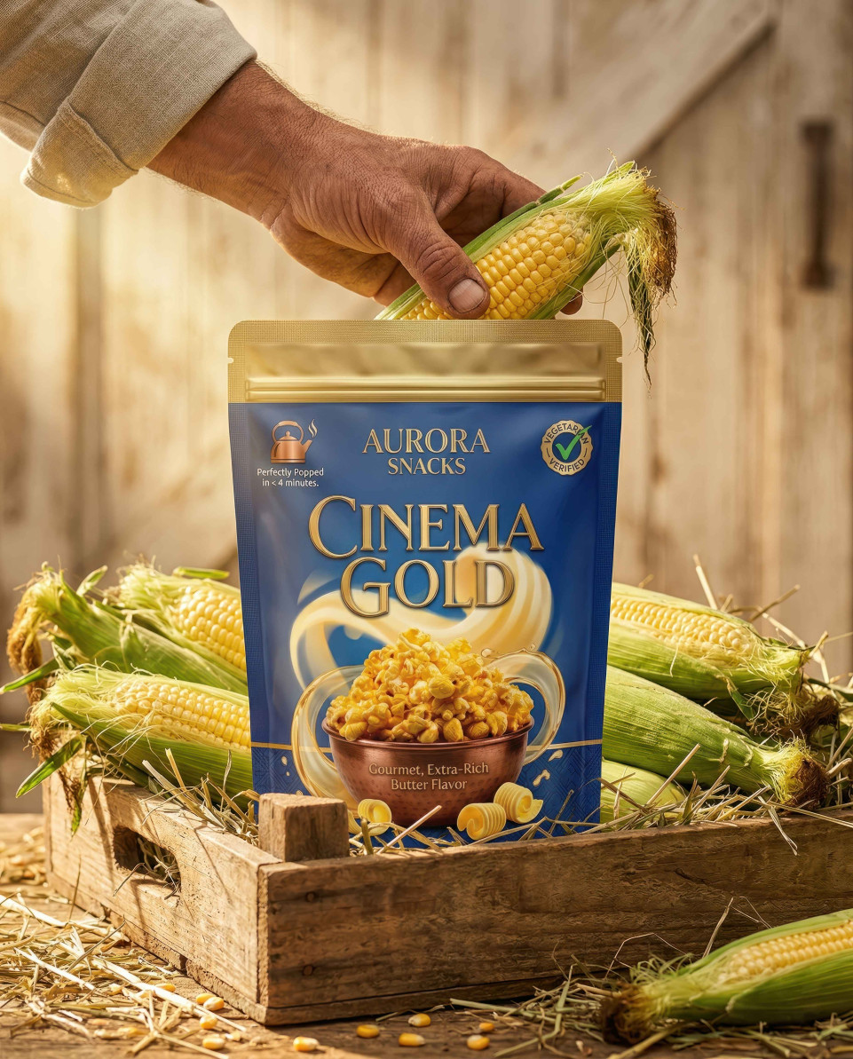 Snack packet in wooden crate with fresh corn rustic farm google gemini prompt