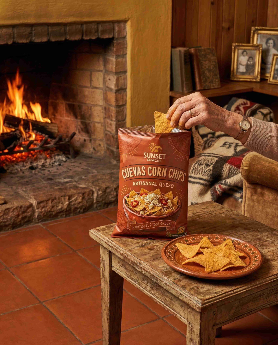 Cozy fireplace scene with queso chips and nostalgic mood google gemini prompt