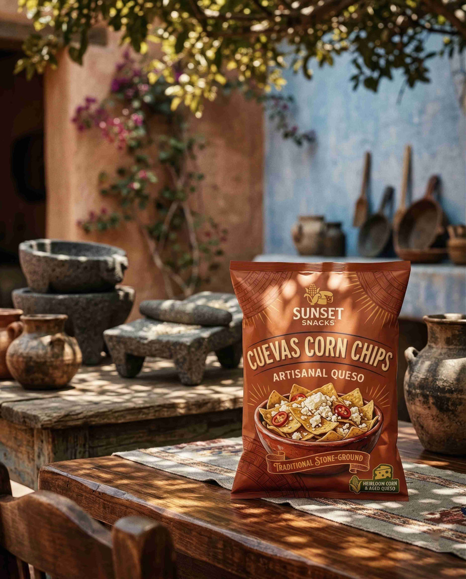 Queso chips bag in rustic hacienda with warm sunlight google gemini prompt