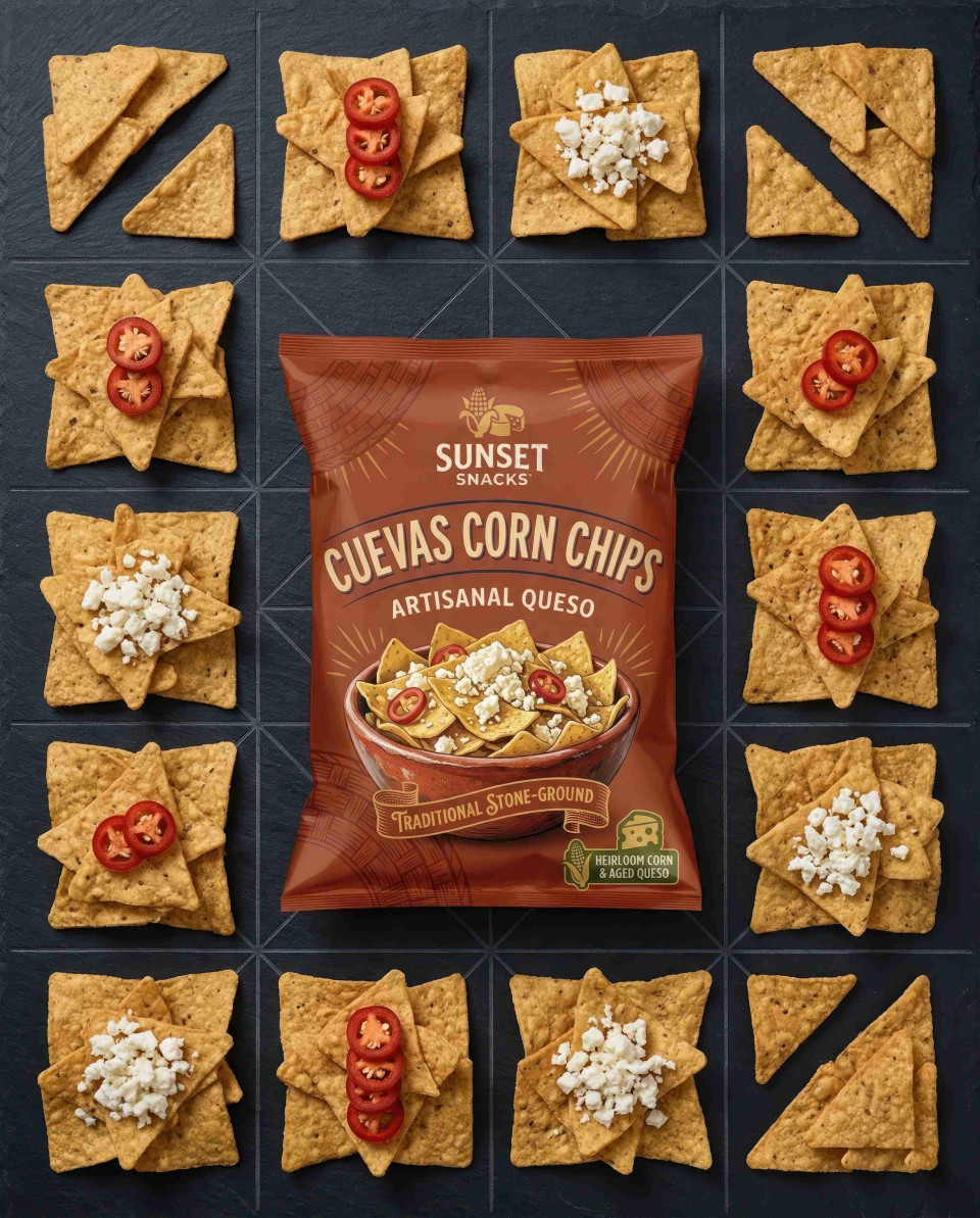 Flat lay queso chips bag with organized corn chip pattern google gemini prompt