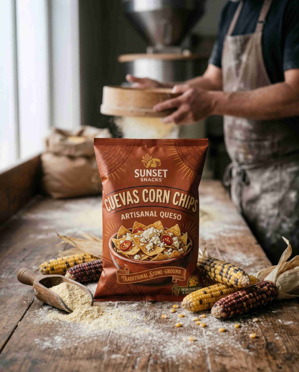 Rustic corn chips bag with raw corn and artisan process google gemini prompt