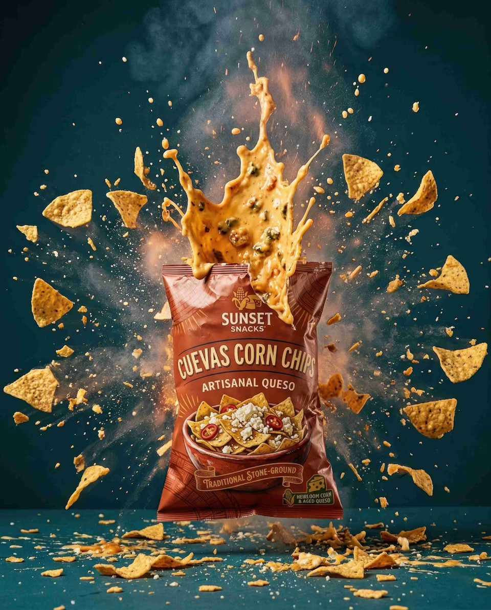 Explosive queso chips burst with spinning corn chips action google gemini prompt