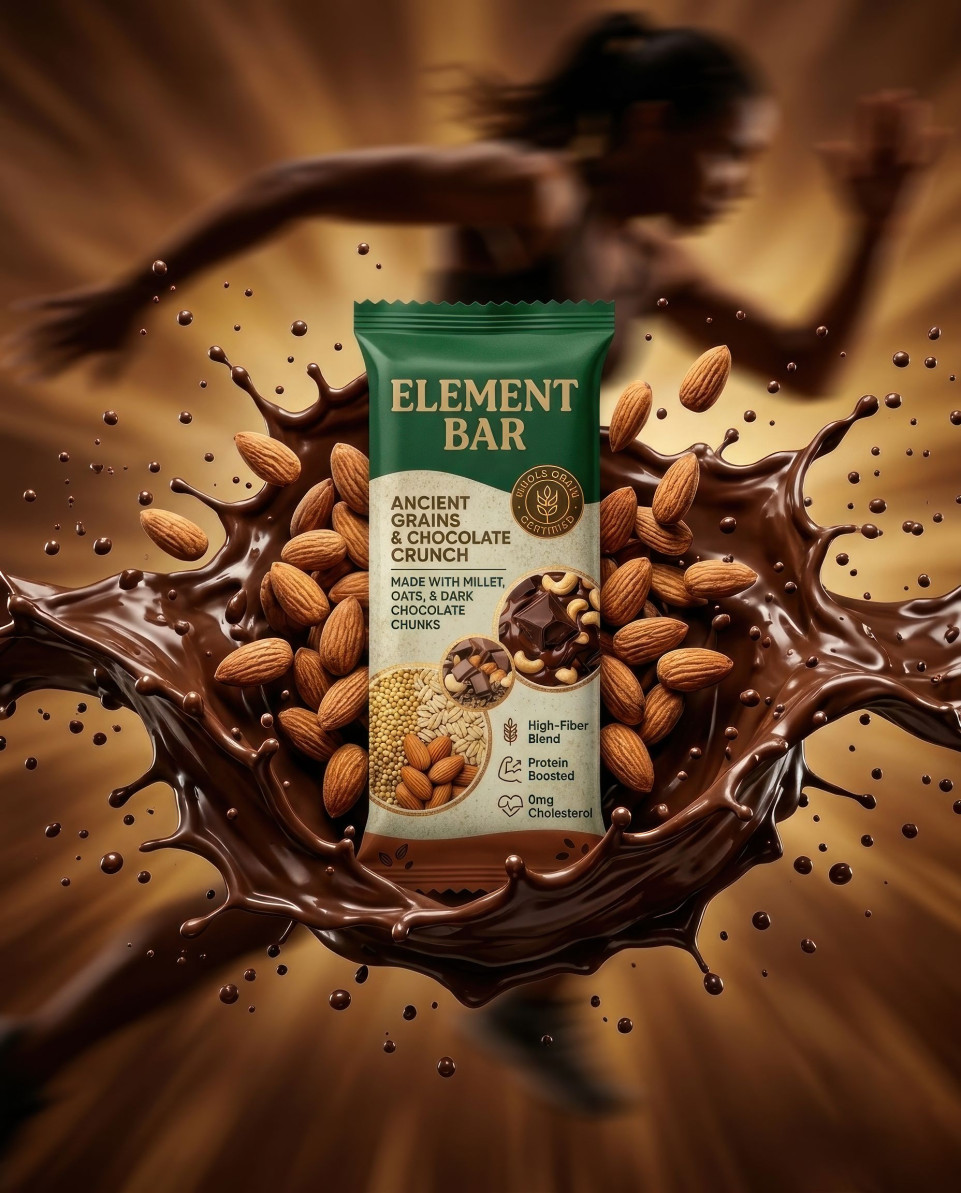 Energy bar in chocolate splash almond burst action scene google gemini prompt