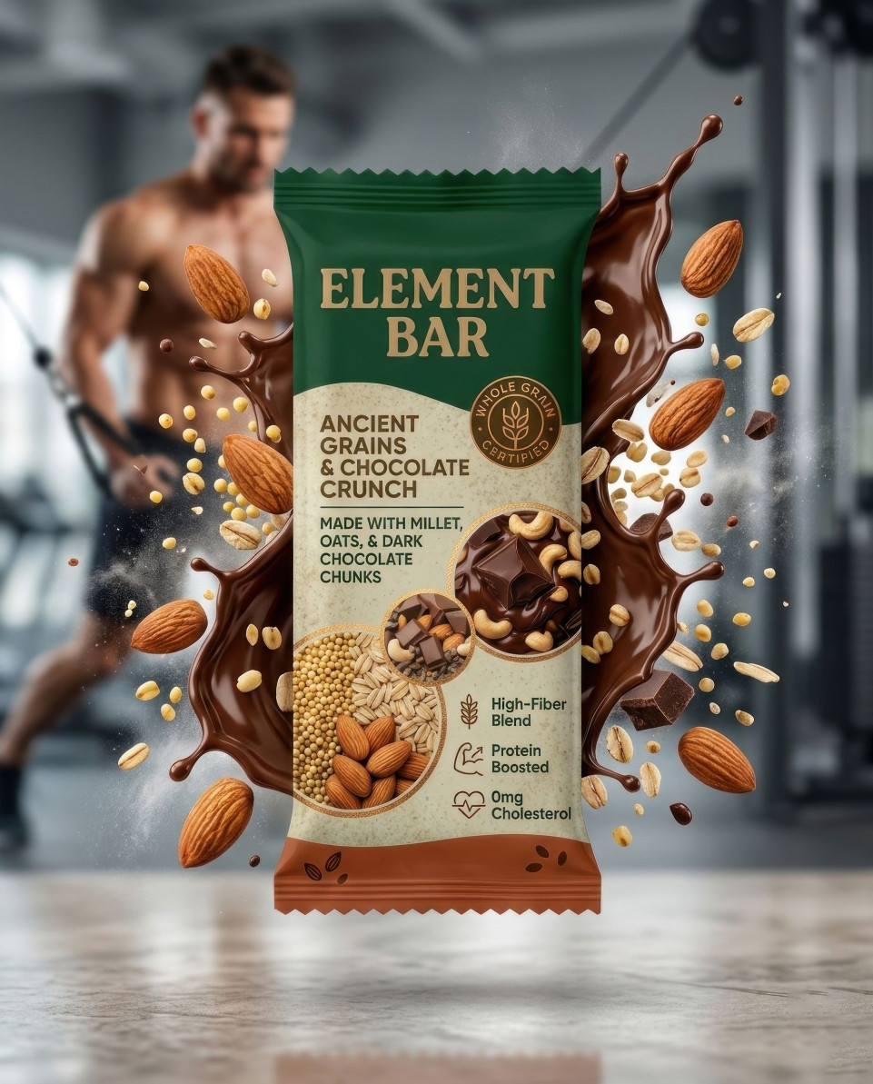 Floating energy bar chocolate splash almond burst fitness google gemini prompt