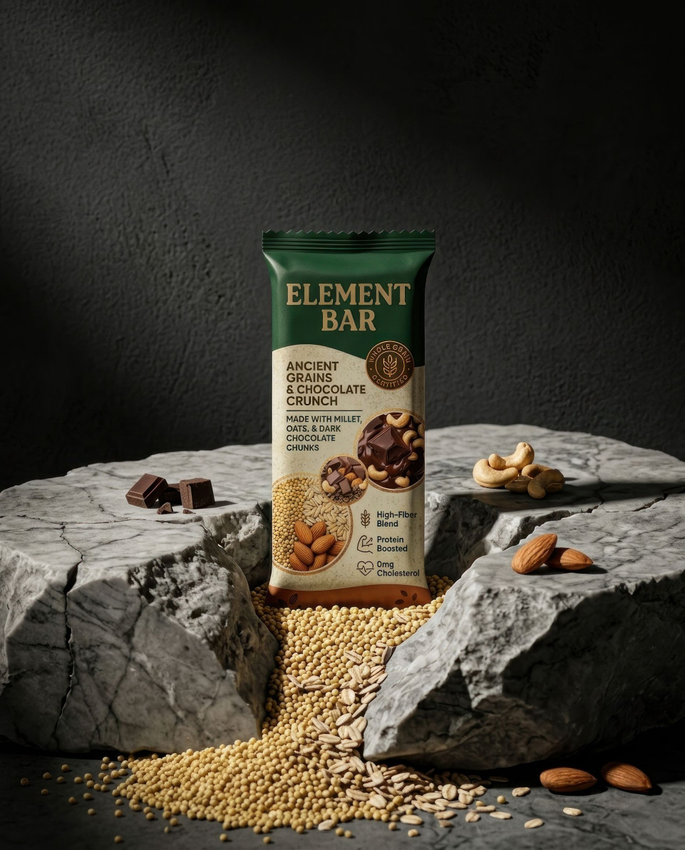 Marble slab energy bar ancient grain premium editorial google gemini prompt