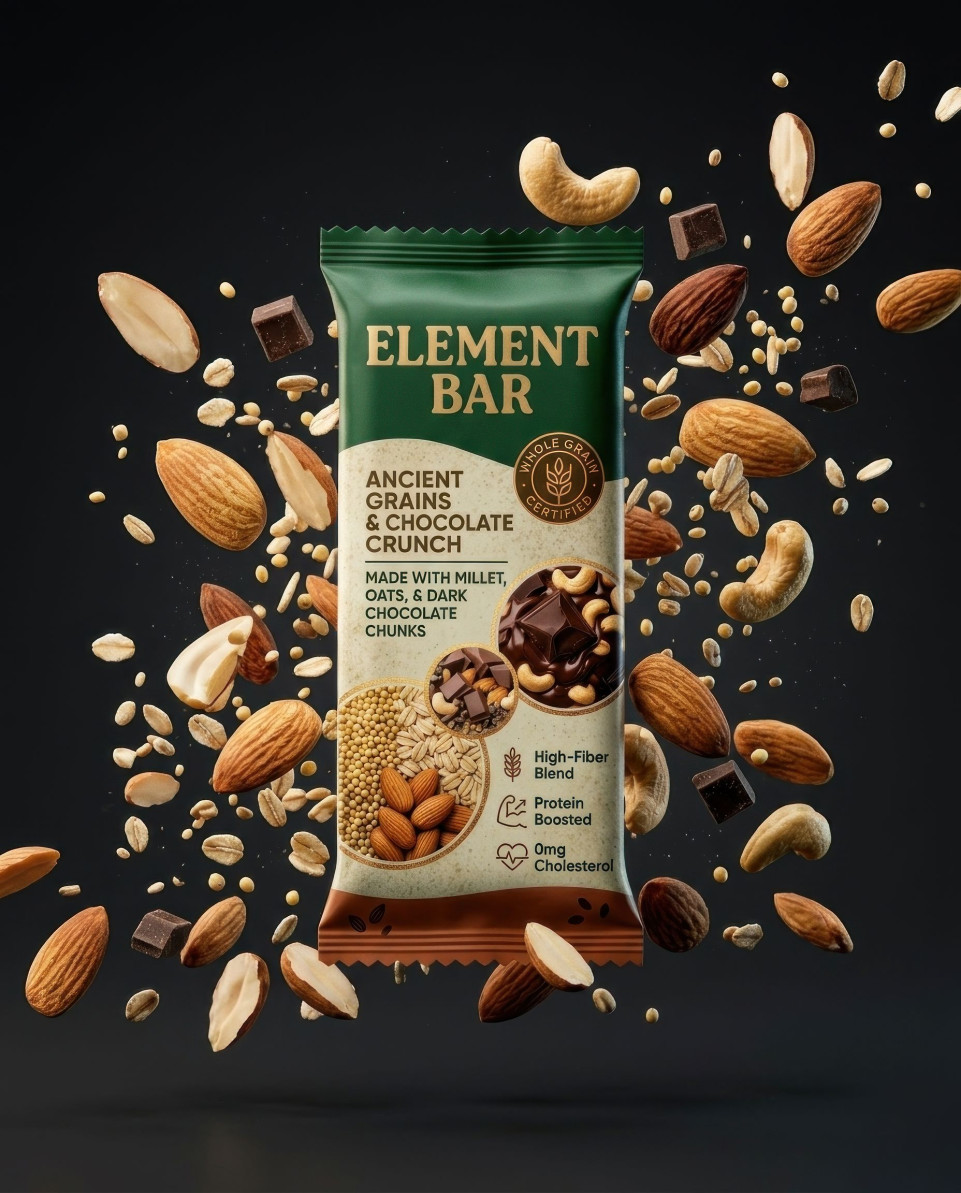 Zero gravity energy bar floating almonds high speed scene google gemini prompt