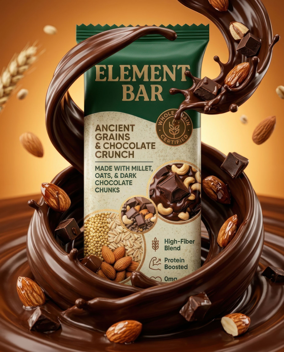 Chocolate ribbon swirl energy bar indulgent macro splash google gemini prompt