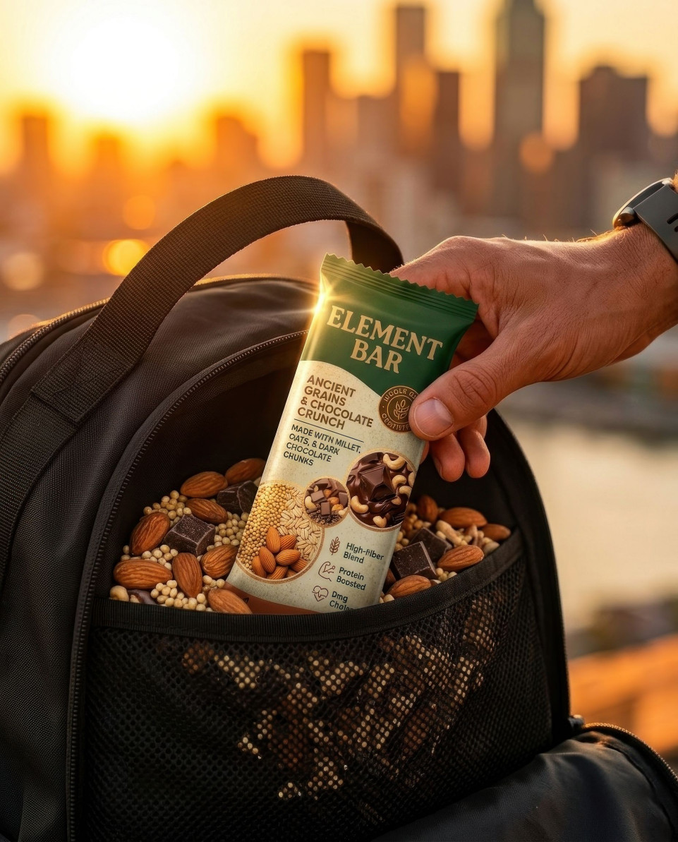 Backpack pocket energy bar urban sunset lifestyle scene google gemini prompt