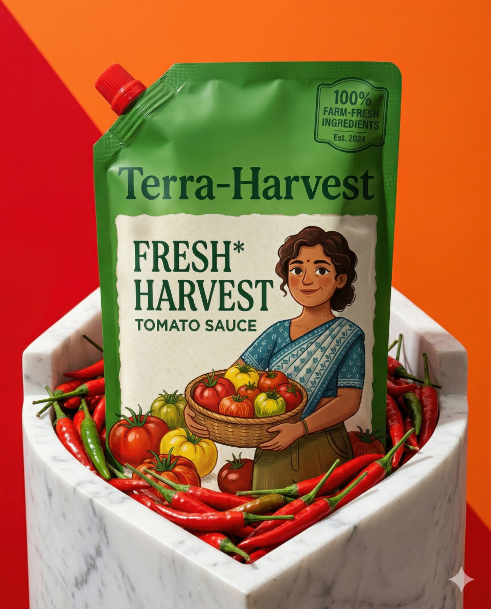 Green ketchup pouch on stone plinth with red chili contrast ad google gemini prompt