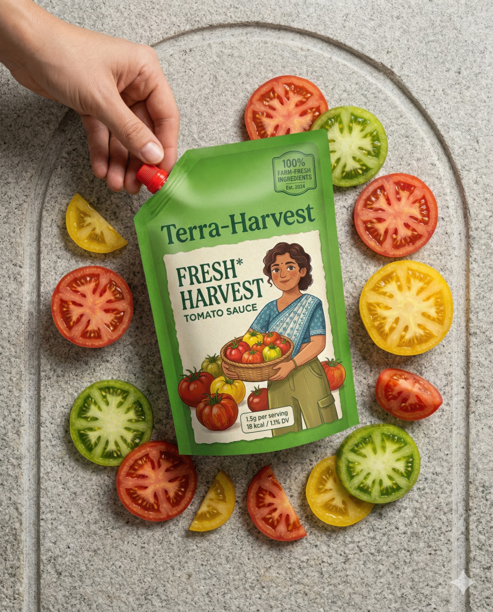 Green ketchup pouch flat lay with heirloom tomatoes on stone google gemini prompt