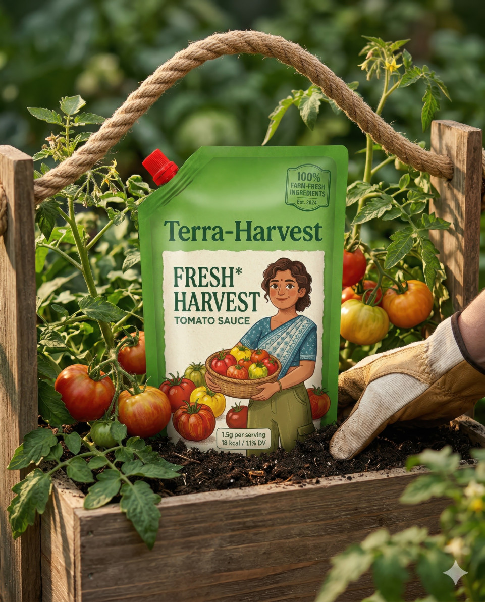 Green ketchup pouch in garden box with tomato plant lifestyle google gemini prompt