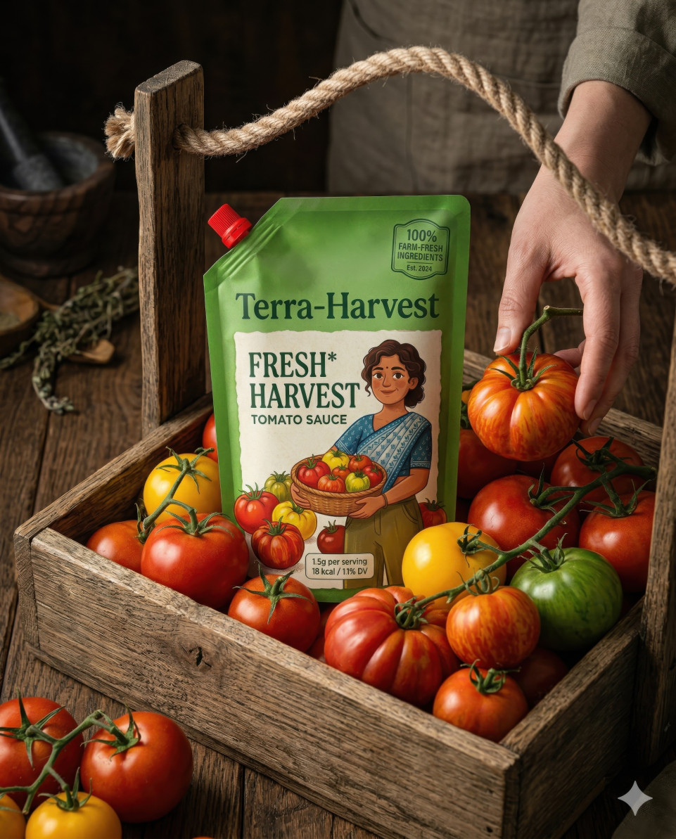 Green ketchup pouch in wooden crate with fresh tomato harvest google gemini prompt