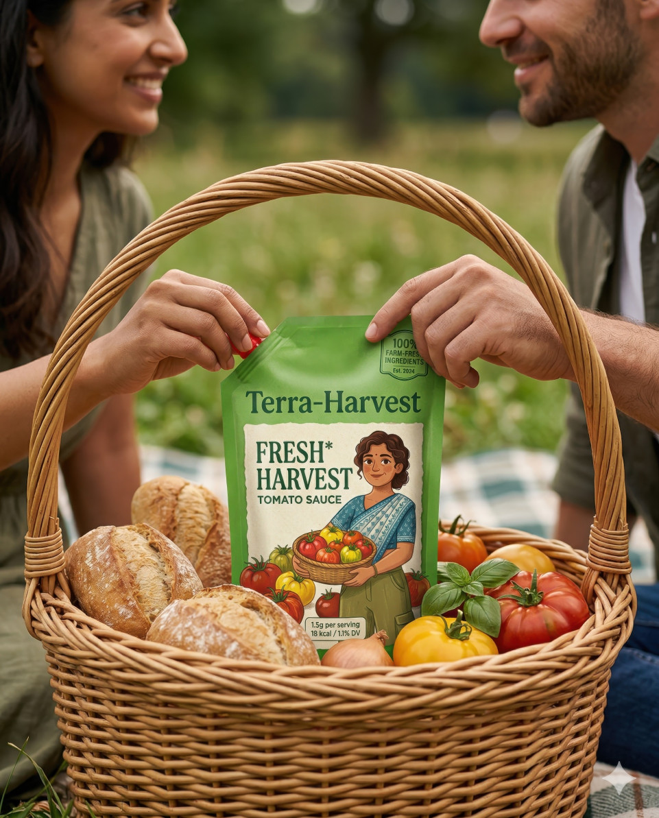 Green ketchup pouch in picnic basket with bread family lifestyle google gemini prompt
