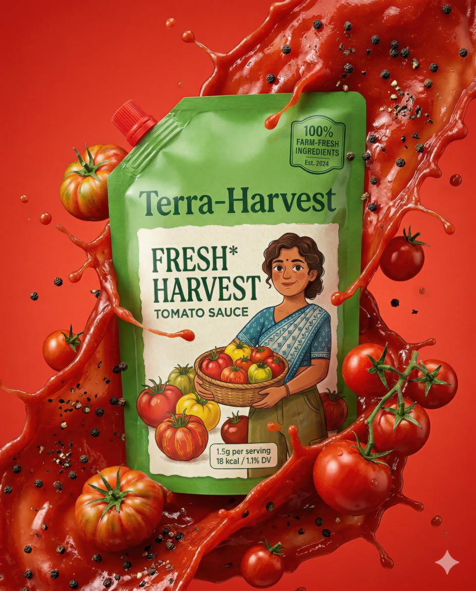 Green ketchup pouch in red sauce wave with peppercorn splash google gemini prompt