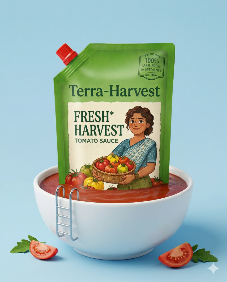 Green ketchup pouch in ceramic bowl surreal sauce pool scene google gemini prompt