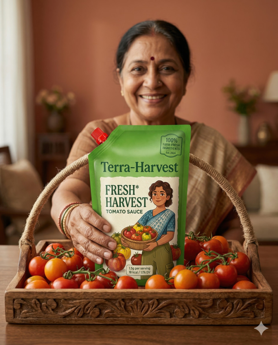 Green ketchup pouch in wooden tray with tomatoes lifestyle google gemini prompt