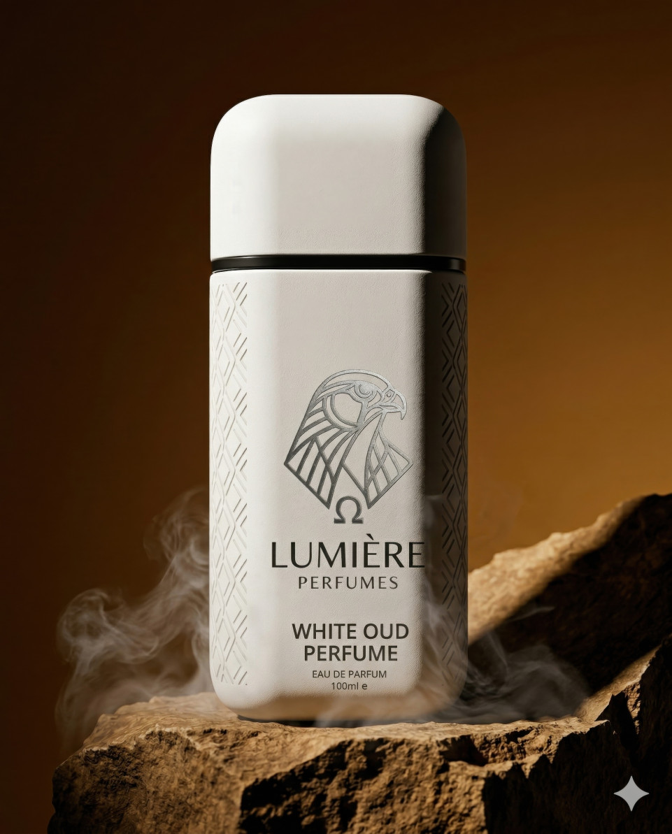 Luxury perfume bottle on desert rock pedestal with smoke google gemini prompt
