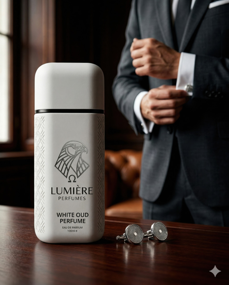 Luxury perfume on desk with cufflinks and suit detail google gemini prompt