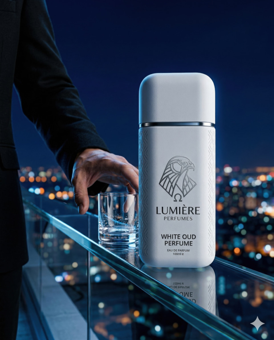 Perfume bottle on balcony with city lights at night google gemini prompt