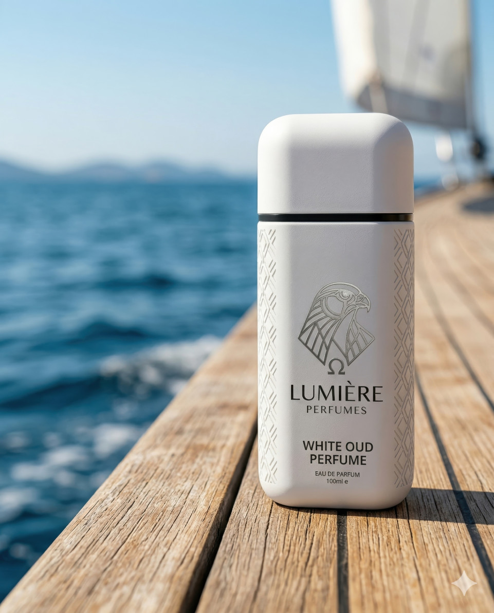 Perfume bottle on teak deck with ocean lifestyle background google gemini prompt