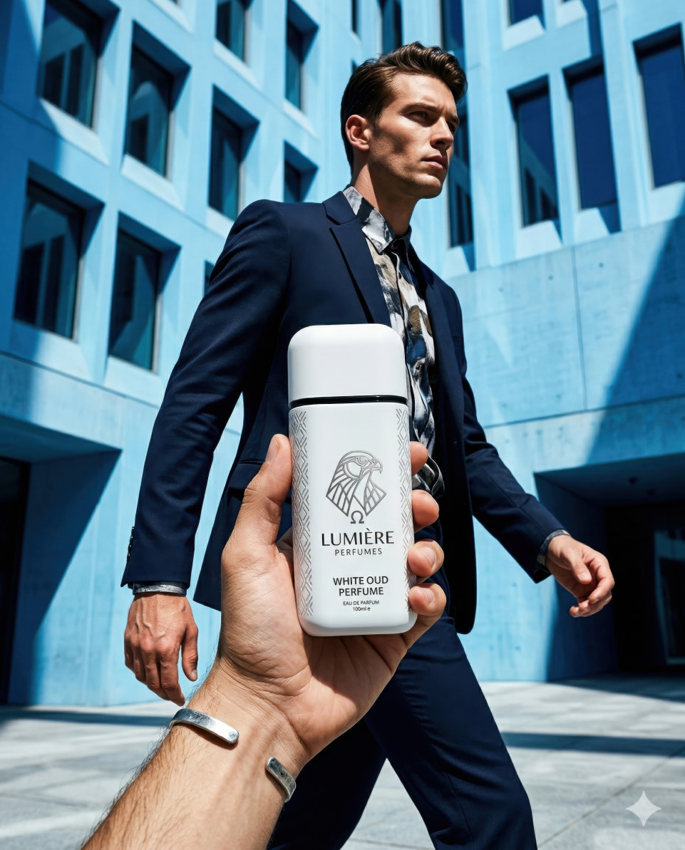 Perfume bottle held by man in modern architectural setting google gemini prompt