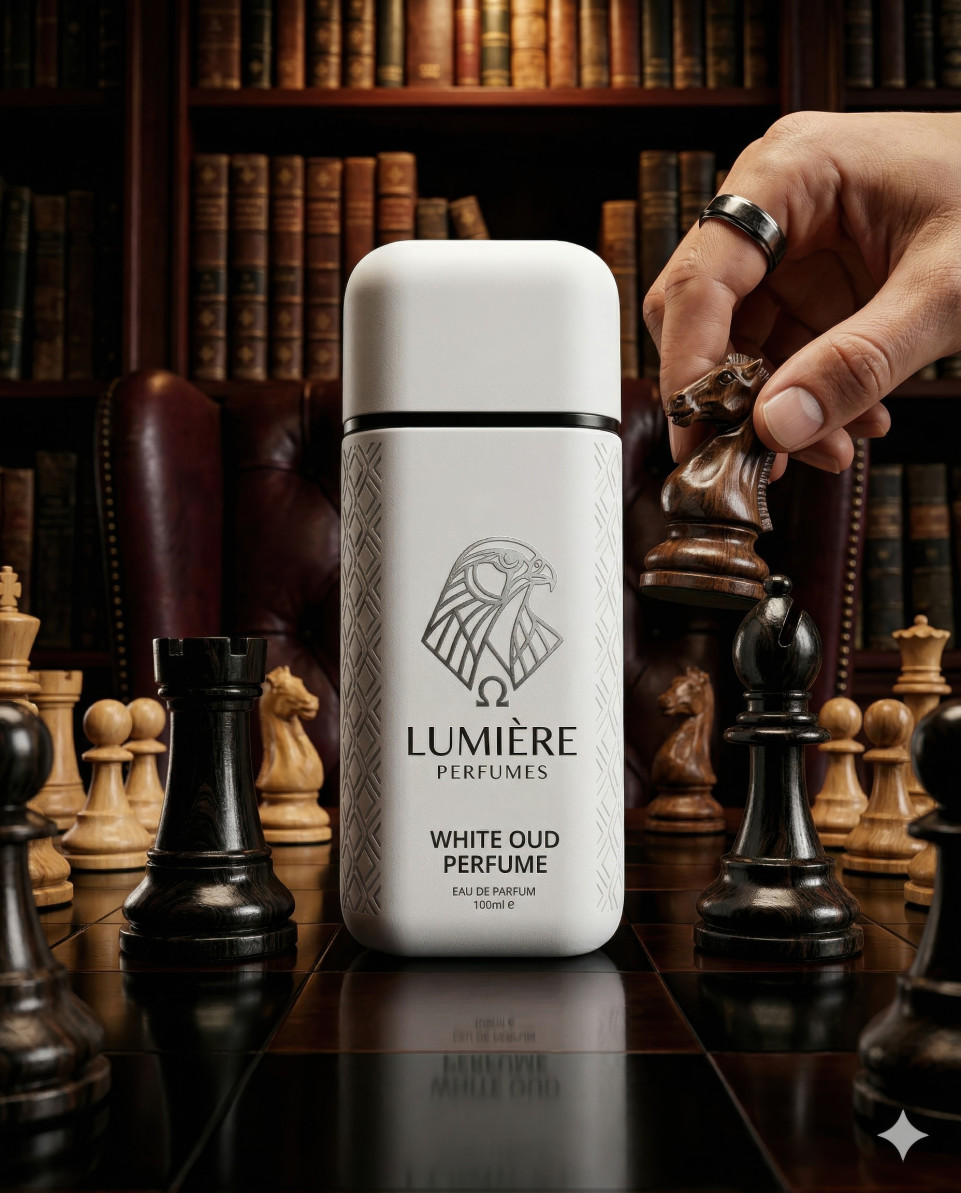 Perfume bottle on chessboard with luxury intellectual theme google gemini prompt