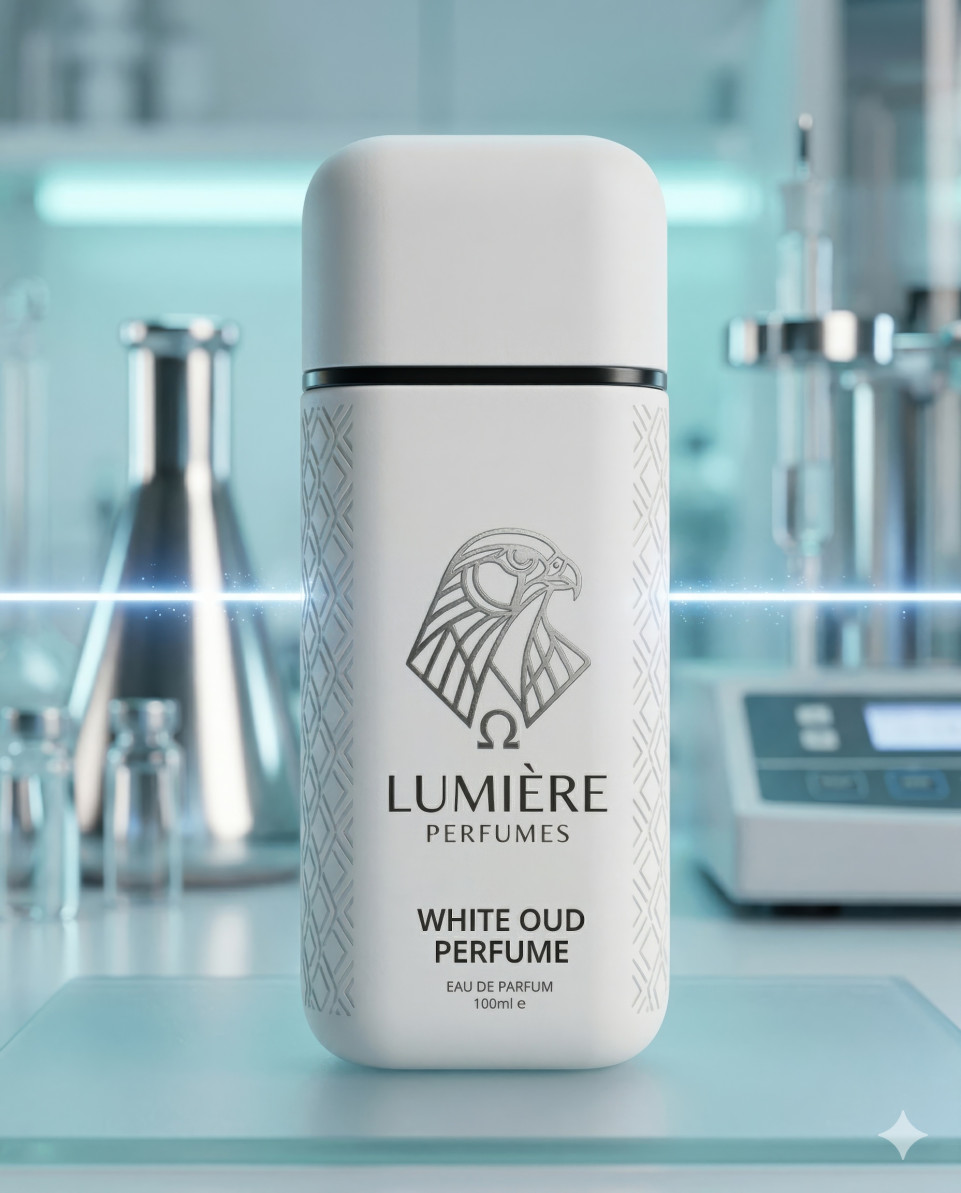 Perfume bottle on glass with laser light high tech style google gemini prompt