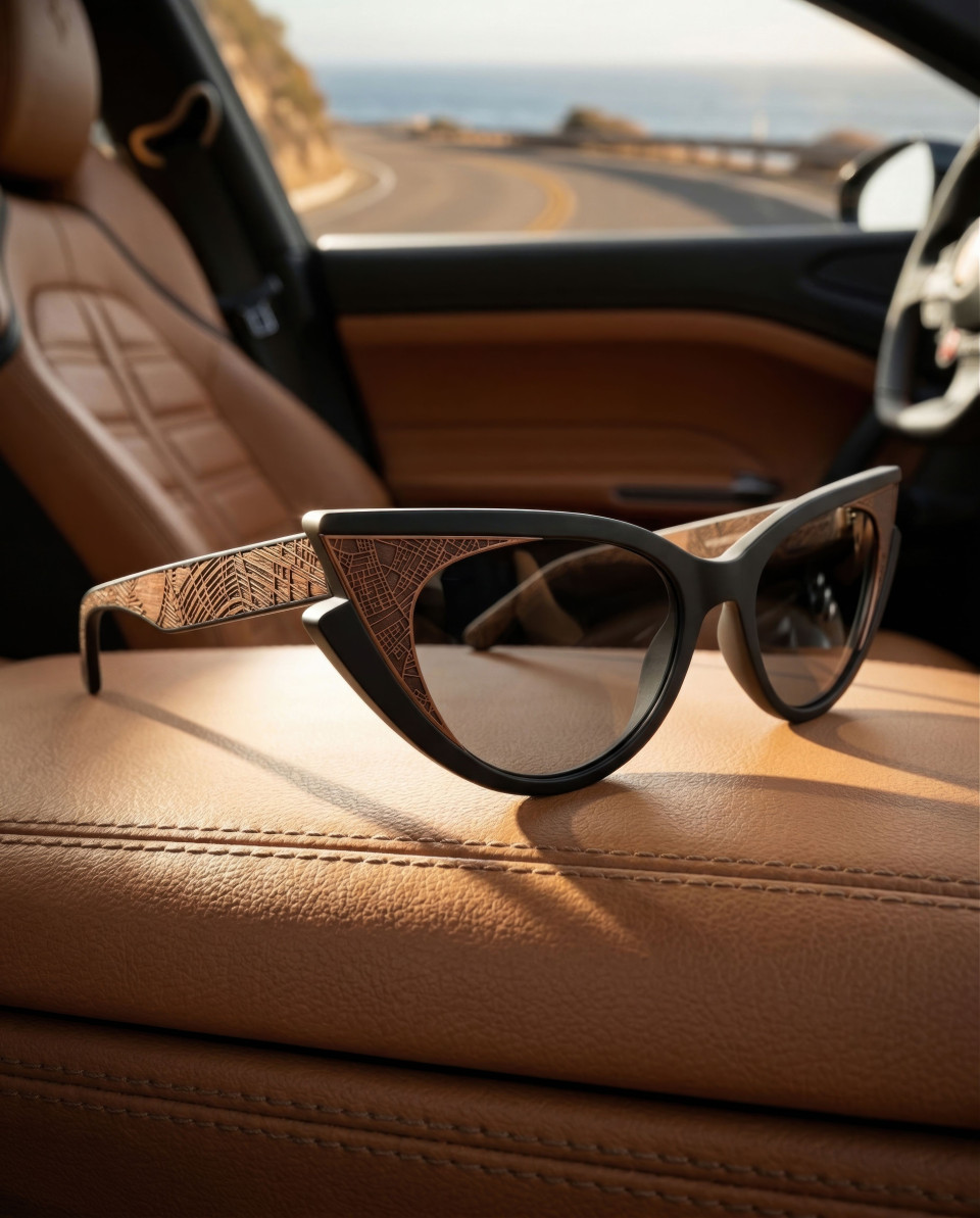 Luxury sunglasses on leather car seat travel lifestyle google gemini prompt