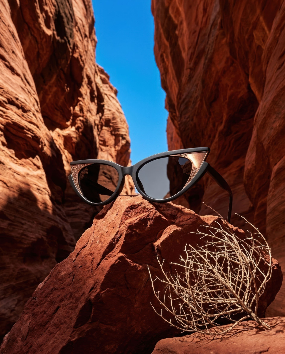Sunglasses on red rock desert luxury outdoor scene google gemini prompt