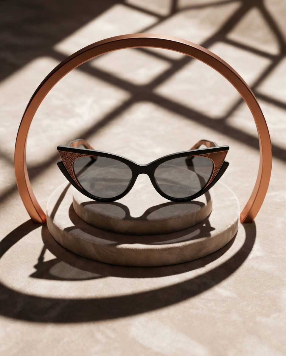 Sunglasses pedestal copper arch luxury product display google gemini prompt