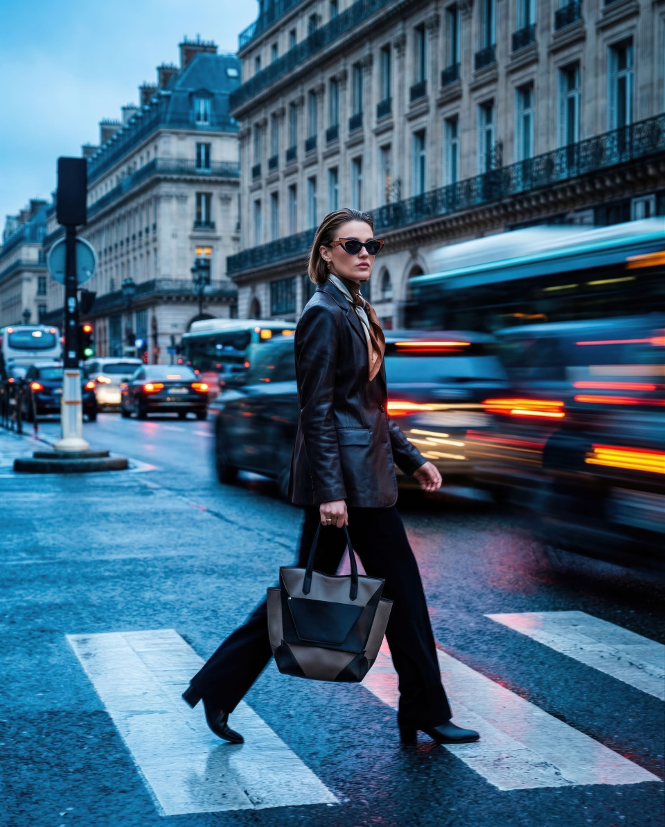 Urban woman sunglasses crosswalk motion blur night google gemini prompt