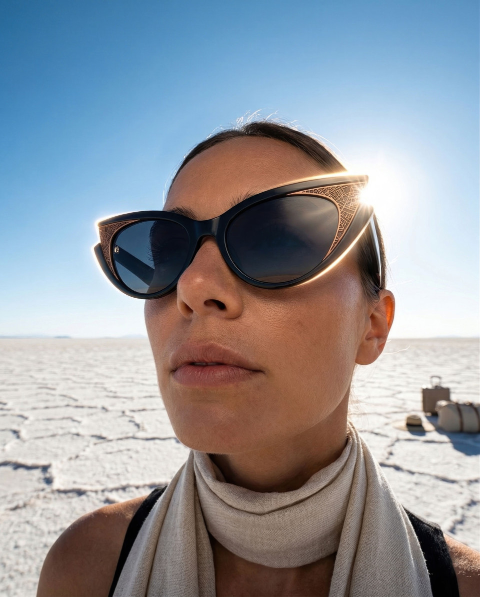 Woman in sunglasses salt flat sunset cinematic travel google gemini prompt