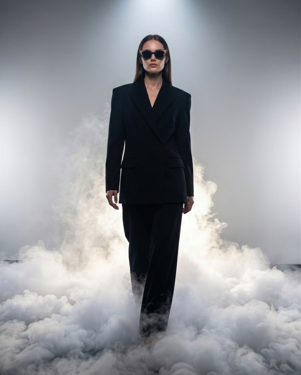 Model in power suit sunglasses walking through clouds google gemini prompt