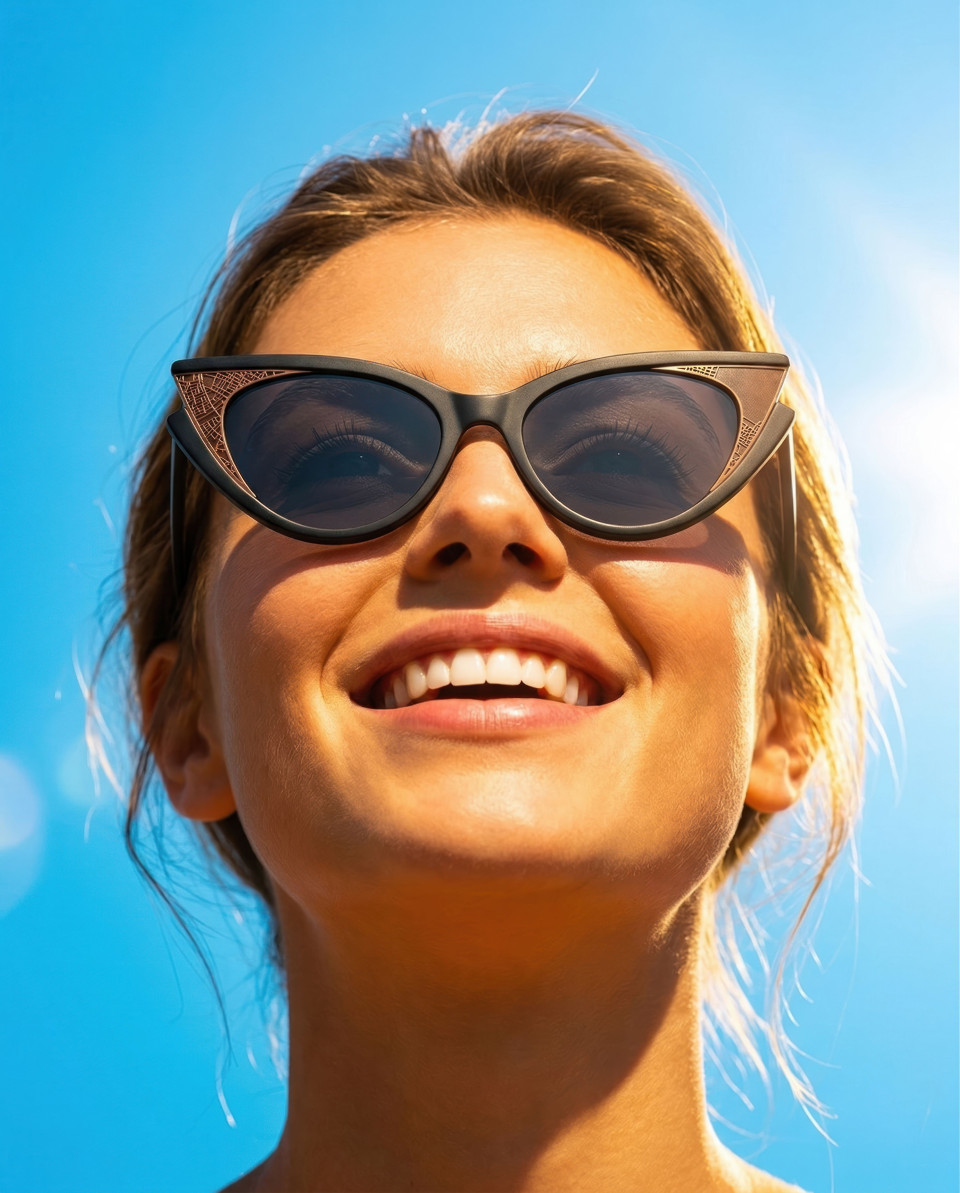 Smiling woman sunglasses bright sun fashion portrait google gemini prompt